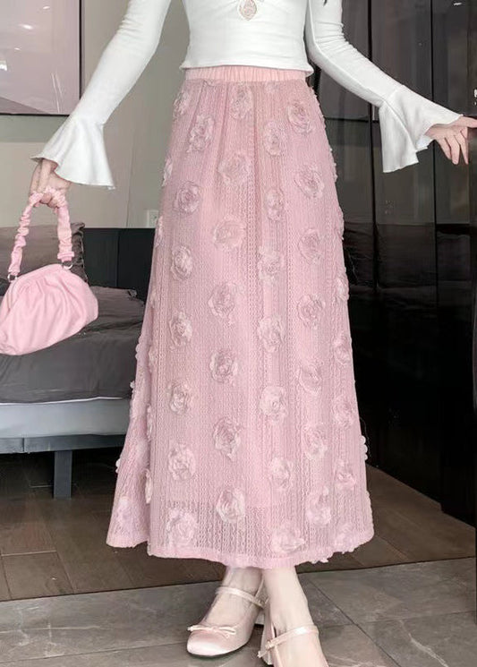 French Pink Decorated High Waist Cotton Skirt Spring