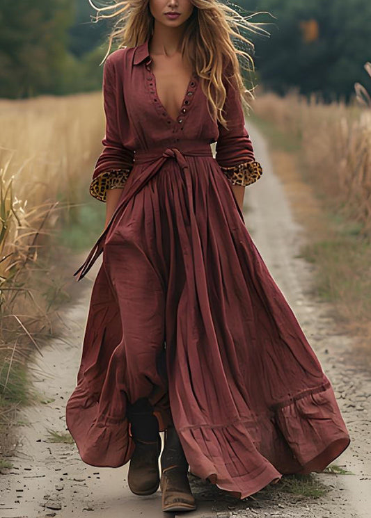 Brick Red Wrinkled Patchwork Cotton Robe Dresses Spring