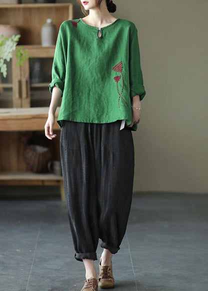 Green Loose Embroidered Fall Linen Shirt Tops Long Sleeve