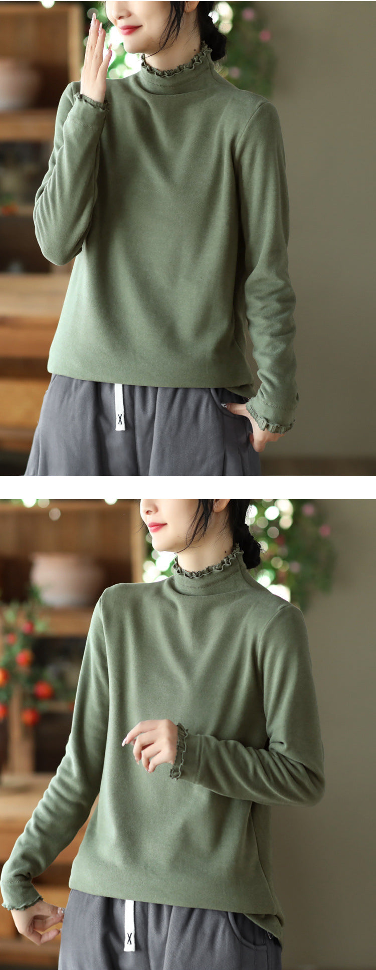 Long-sleeved Plus Fleece T-shirt With Retro Wooden Ears