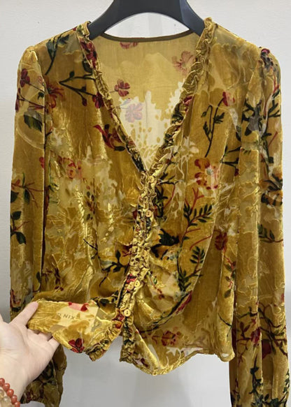 Yellow V Neck Ruffled Button Silk Velour Shirt Fall