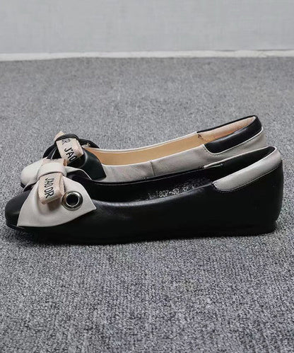 Bow Splicing Comfortable Flat Shoes Beige Faux Leather