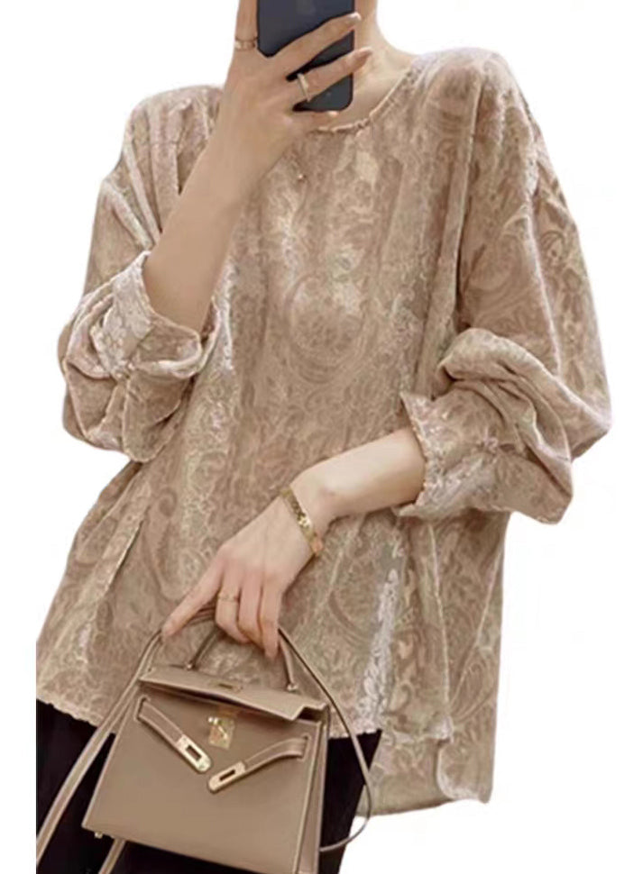 Jacquard Khaki O Neck Silk Velour Shirt Fall