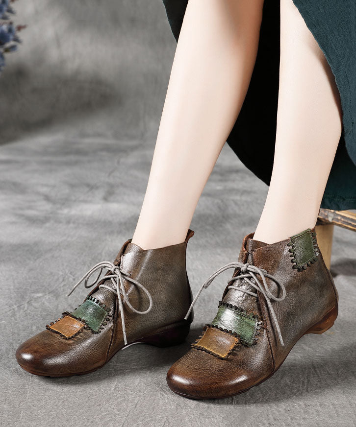 Lace Up Splicing Wedge Boots Camel Cowhide Leather