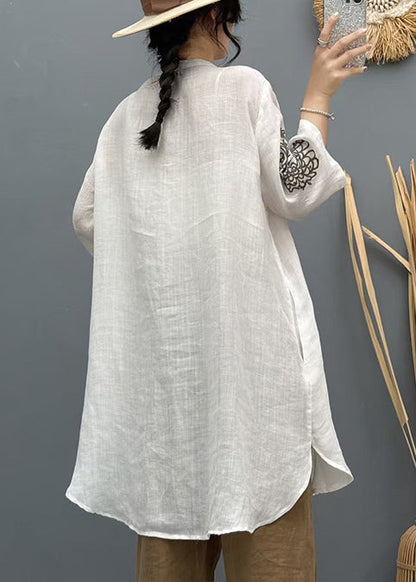 Apricot Embroidered Linen Long Shirt Summer