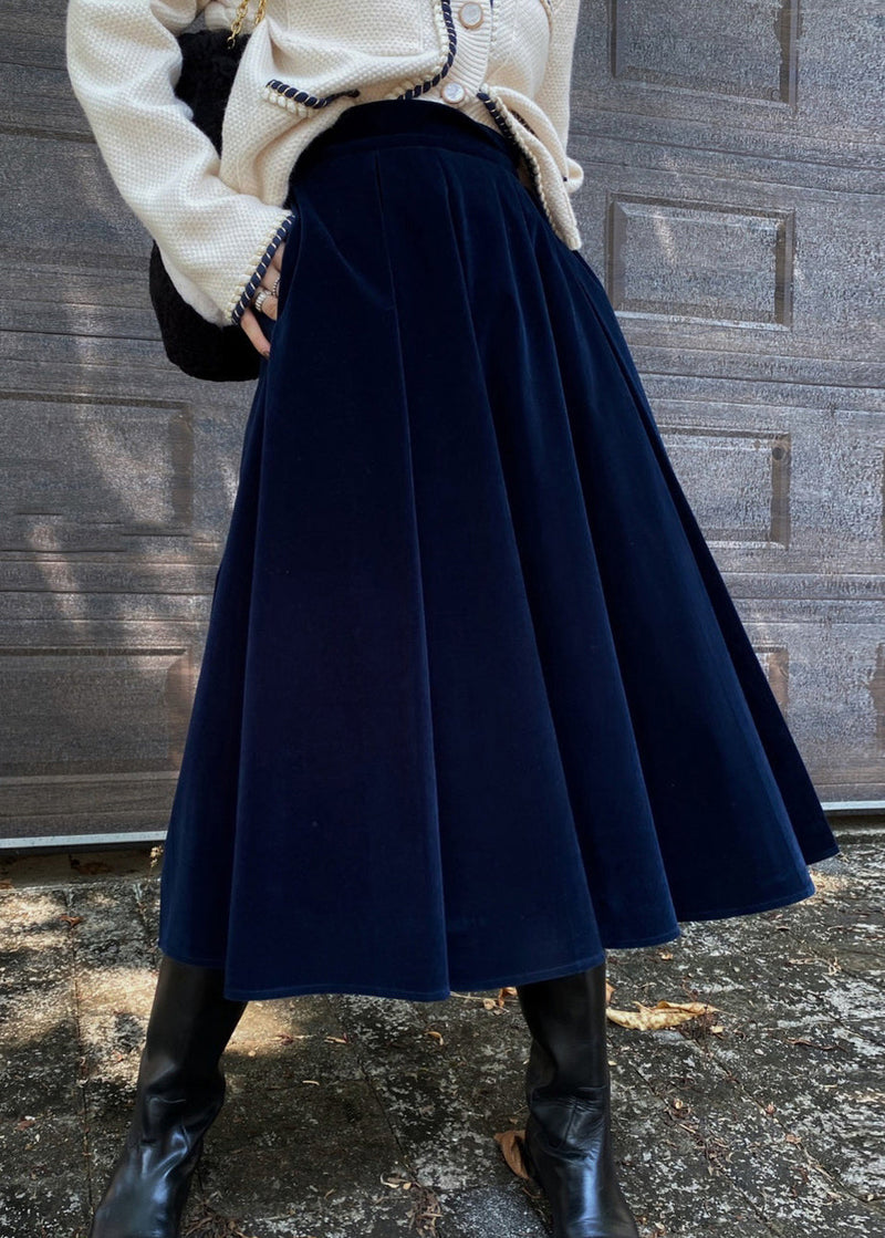 French Coffee High Waist Pockets Silk Velour Skirt Fall