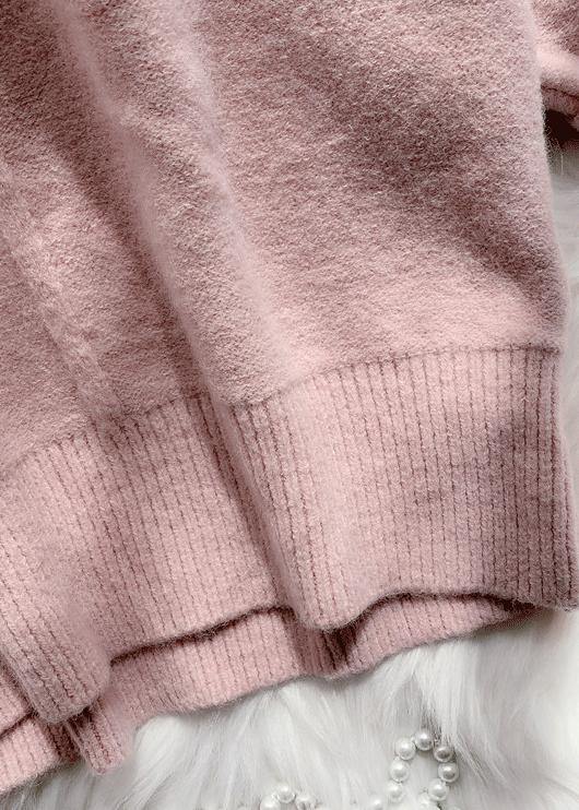 Winter Pink Sweater Dress Outfit Design High Neck Long Sleeve Fuzzy Knit Dress
