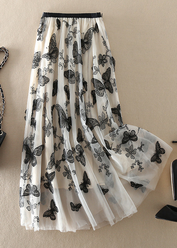 Beige Embroideried Butterfly Tulle Skirts Spring