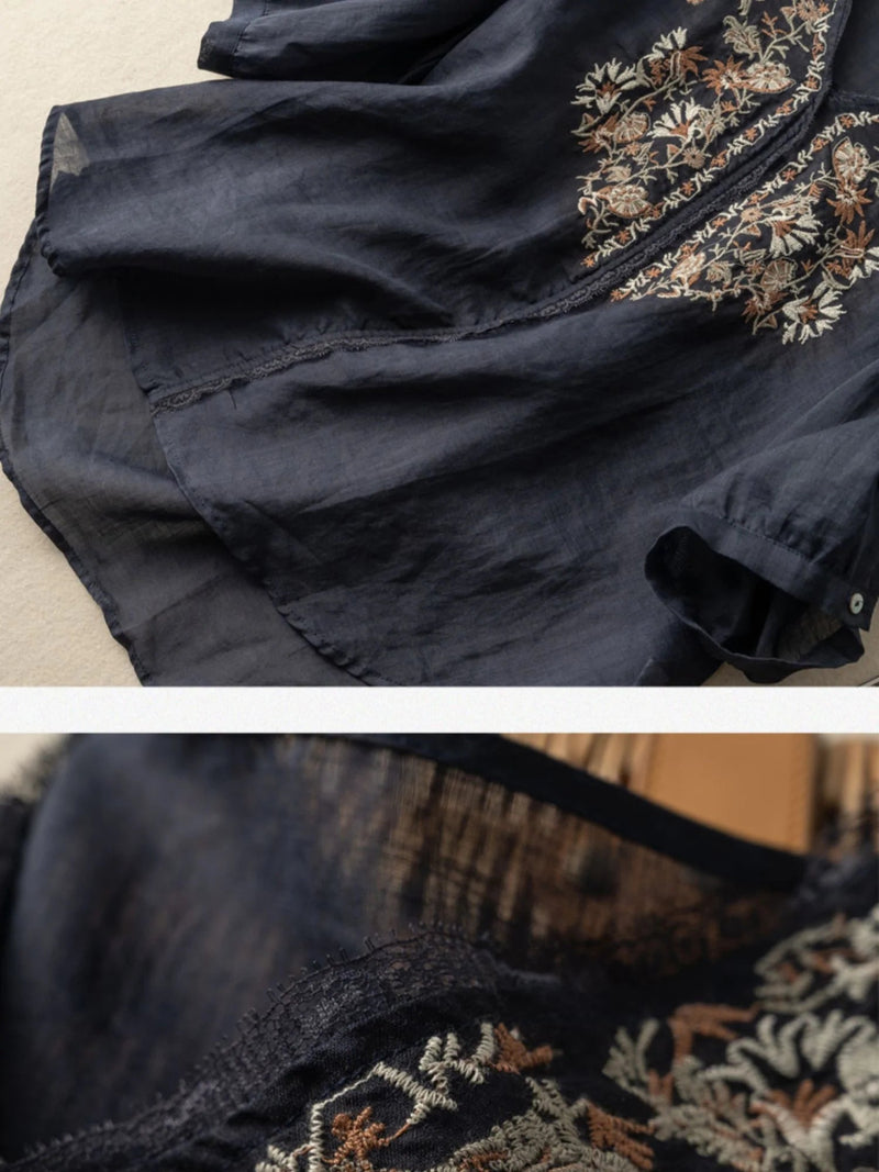 Embroidered V Neck 3/4 Sleeve Linen Top