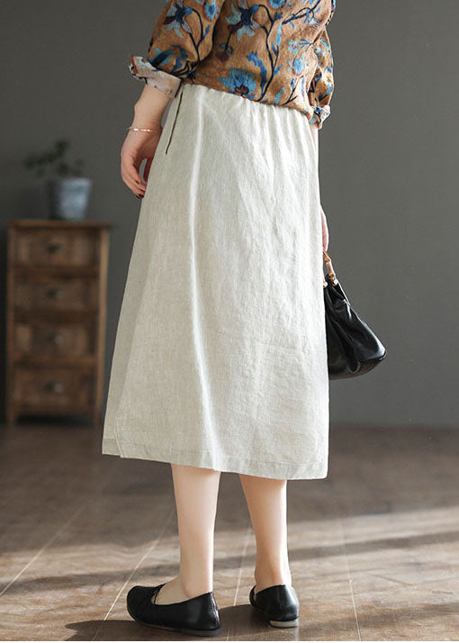 Linen Color Elastic Waist Side Open Oriental Button Linen Skirt Summer