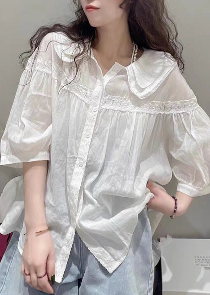 White Peter Pan Collar Lace Cotton Blouses Half Sleeve