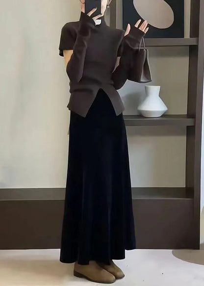 Simple Apricot Side Open Tops and Brown Skirts Knit Two Pieces Set Spring