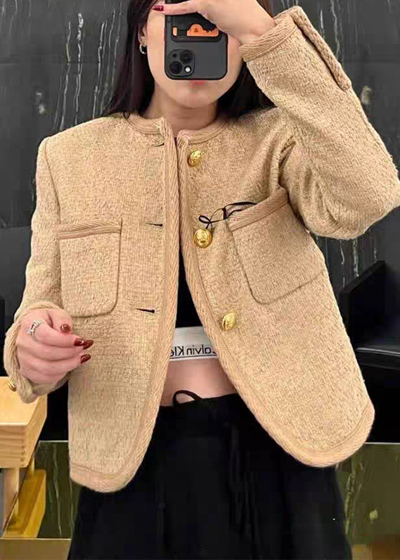 Khaki O Neck Button Patchwork Cotton Coats Fall
