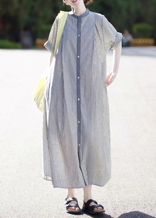 Stand Collar Striped Button Cotton Shirts Dress Summer