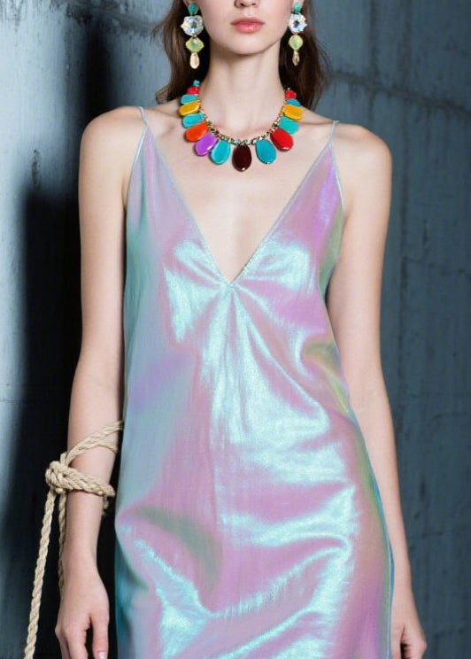 Purple V Neck Silk Spaghetti Strap Dress Summer