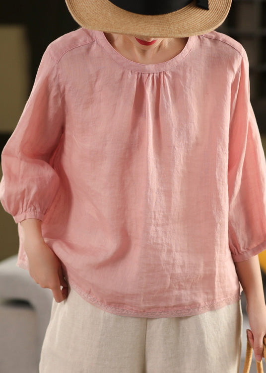 Yellow O Neck Patchwork Linen Blouse Top Summer