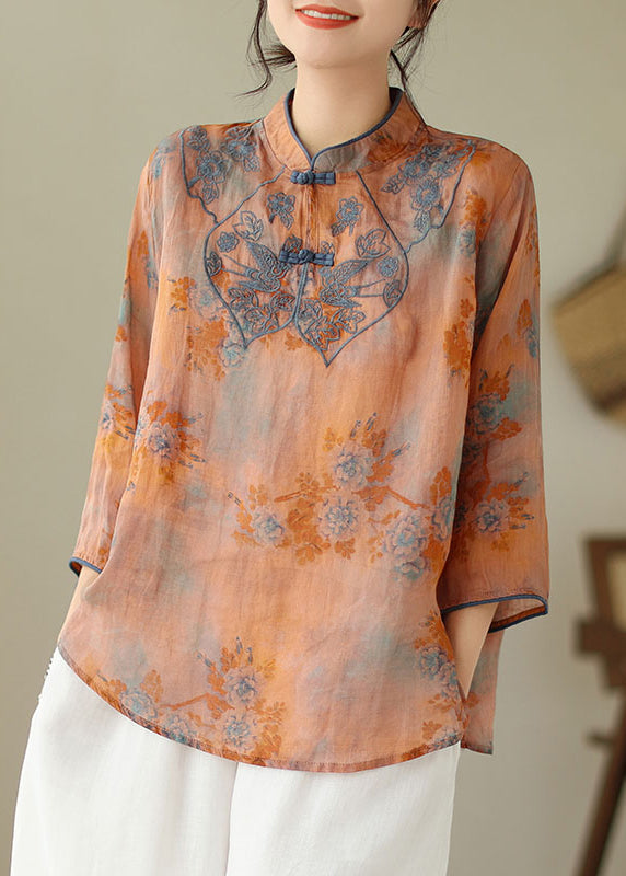 Orange Embroidered Print Cotton Shirts Half Sleeve