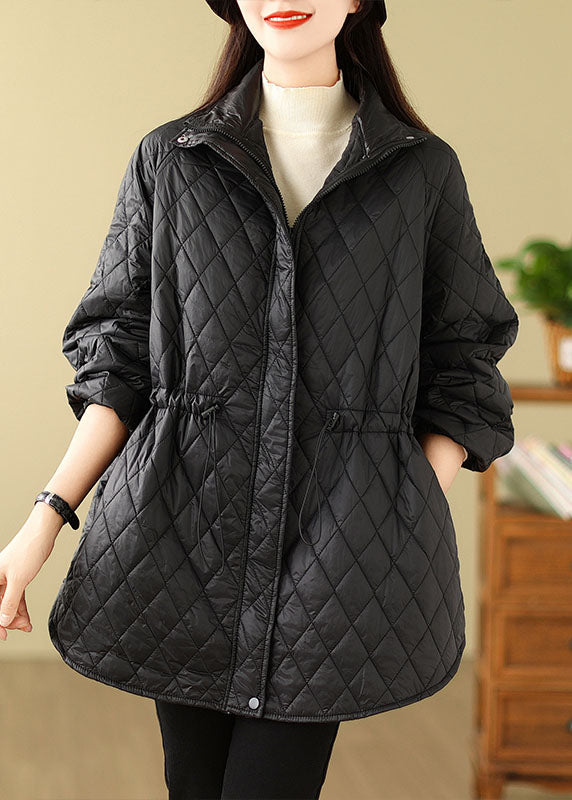 Khaki Stand Collar Drawstring Zippered Pockets Parkas Coats Winter