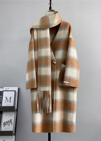 Black V Neck Pockets Plaid Wool Coats Winter