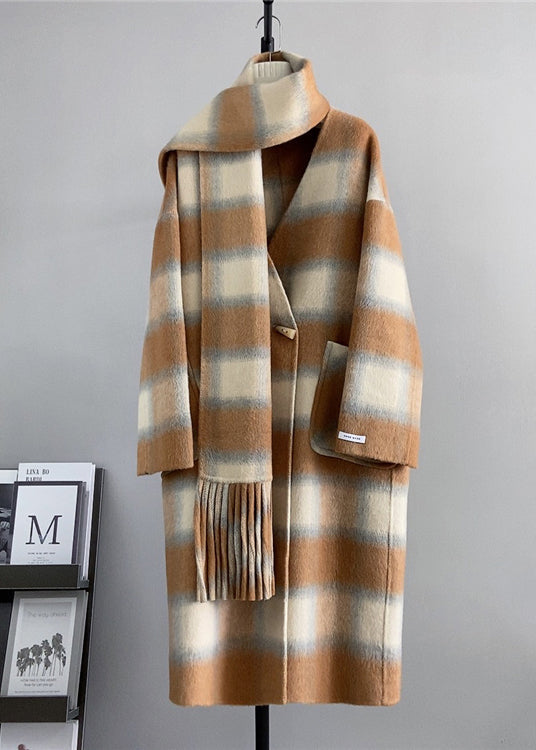 Black V Neck Pockets Plaid Wool Coats Winter