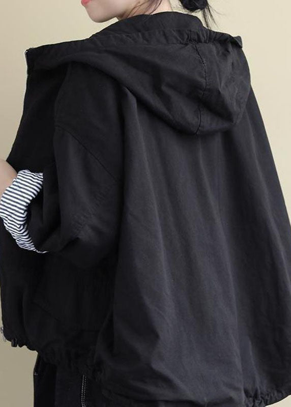 Black Hooded Zippered Winter Cotton Long Sleeve Coat