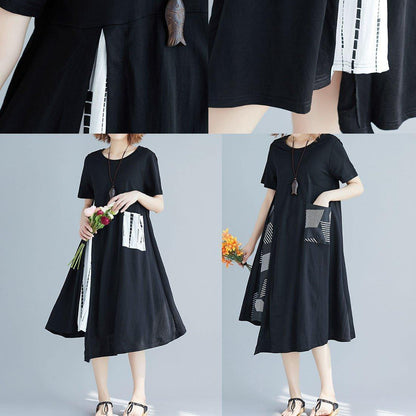 Modern Patchwork White Prints Cotton Tunics Asymmetric Hem Short Summer Dress