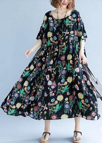 O Neck Cinched Cotton Linen Summer Outfit Tutorials Black Print Dress