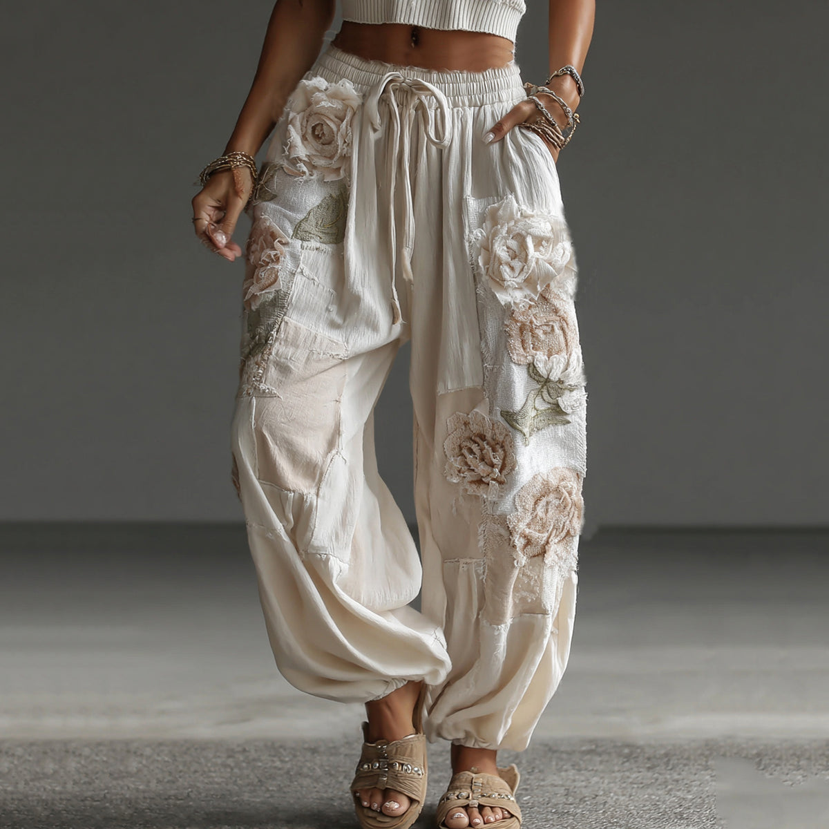 Women's Retro Floral Patchwork Art Casual Linen Pants elevenforest