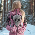 Comstylish Skull & 3d Floral Art Women's Chunky Knit Zipper Sweater