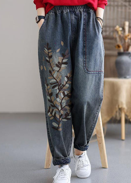 Art Blue Embroidered Pockets Elastic Waist Cotton Denim Harem Pants Fall