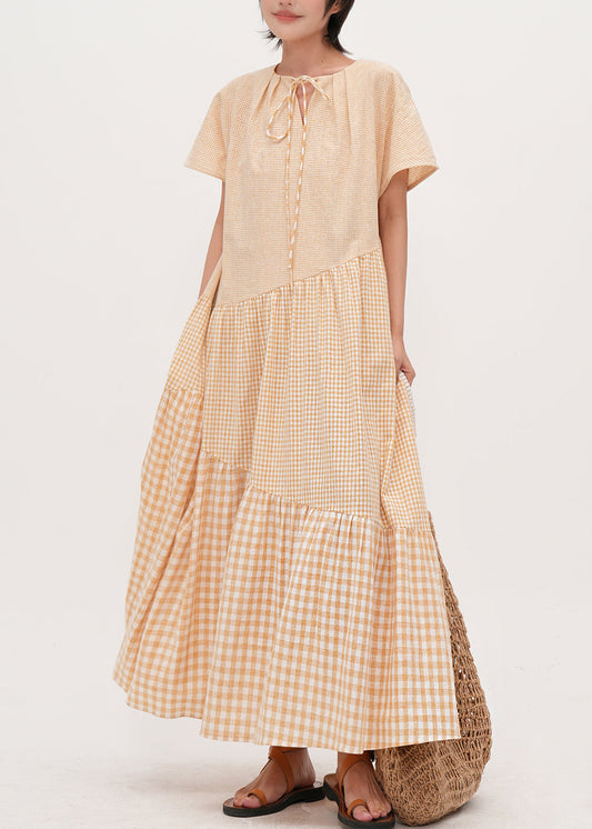 Beige Oversized Patchwork Plaid Cotton Dresses Summer