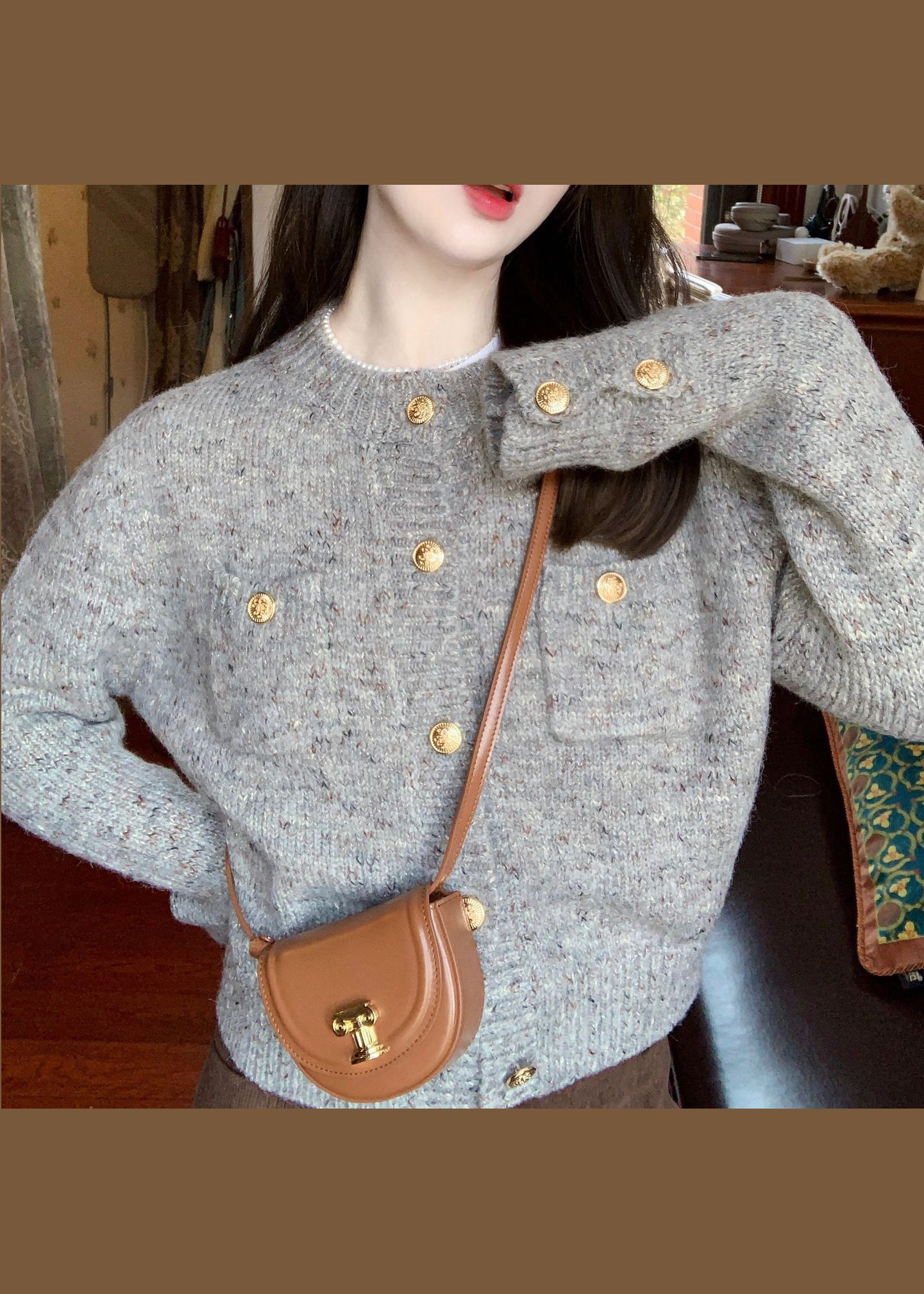 Grey O Neck Button Knit Short Sweater Cardigan Fall