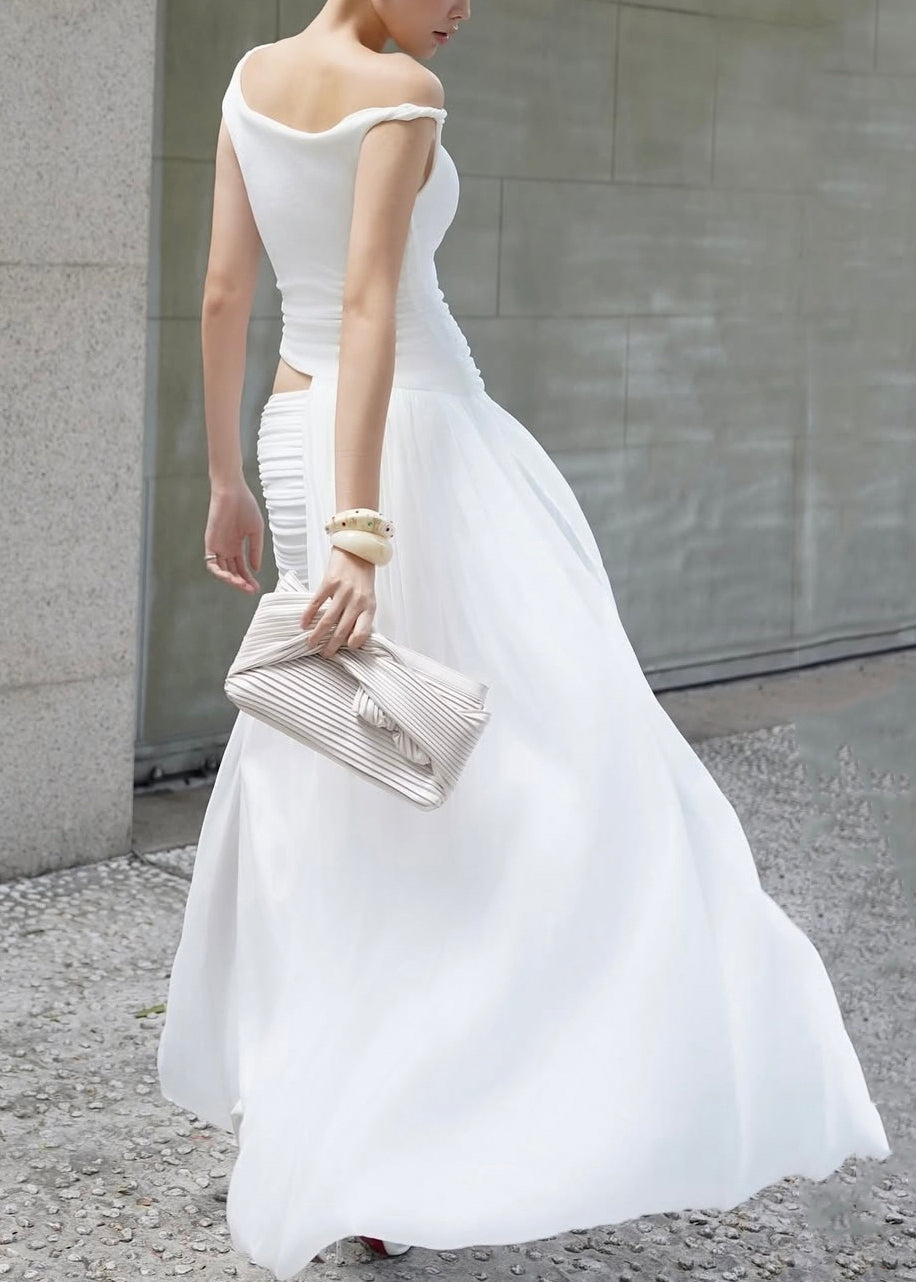 White Asymmetrical Wrinkled Side Open Cotton Dress Summer