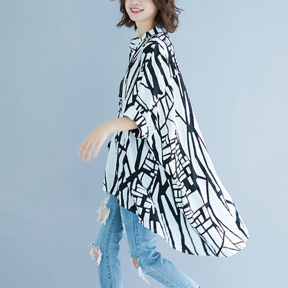 Striped Natural Cotton Linen T Shirt Cardigans Batwing Sleeve Stand Brief T Shirt