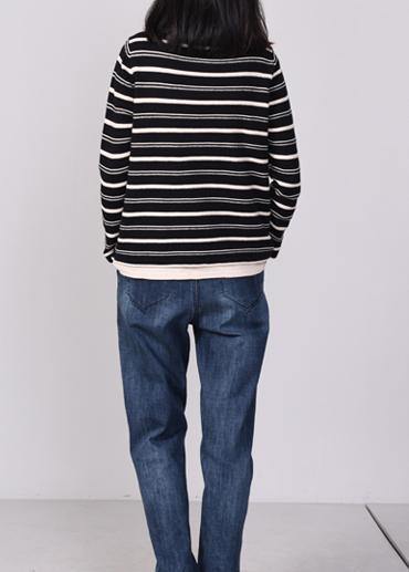 Comfy Striped Knitted Tops Oversize High Neck Sweater Black Autumn