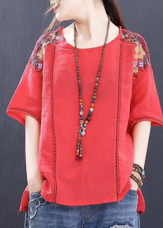 Handmade Red O-neck Embroideried Linen Tank Tops Short Sleeve