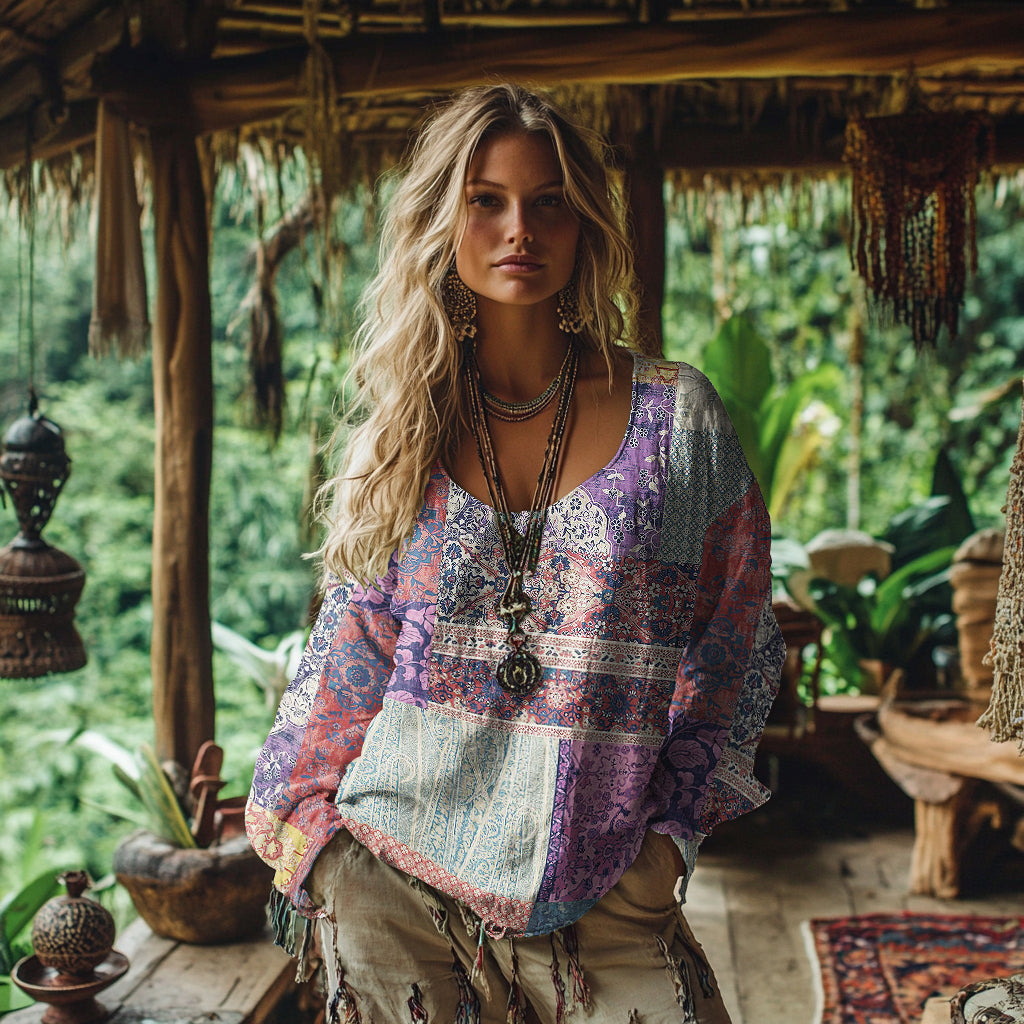 Women's Vintage Bohemian Patchwork Long Sleeve Shirt elevenforest