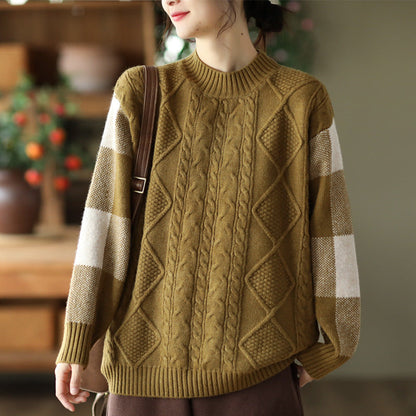 Retro Thick Jacquard Knit Color Block Three-dimensional Sweater