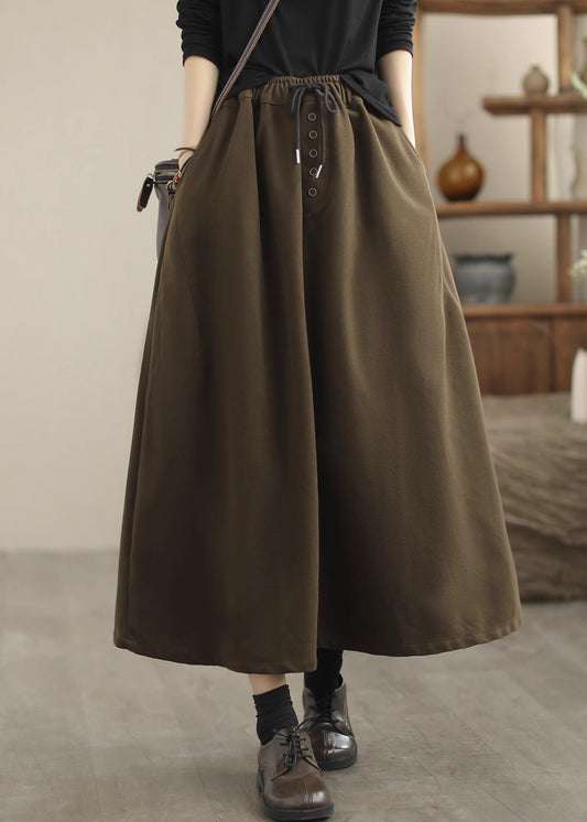 Chocolate Woolen a Line Skirts Elastic Waist Drawstring Spring