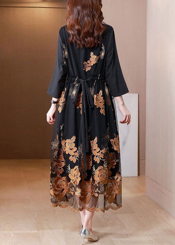 Black Embroidered Tie Waist Tulle Patchwork Shirts Long Dresses Fall
