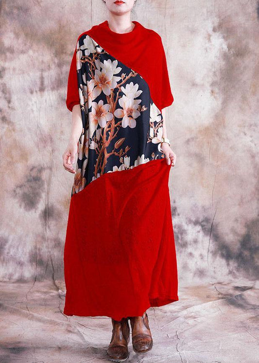 Patchwork Prints Clothes for Neckline Red Long Dress Fall