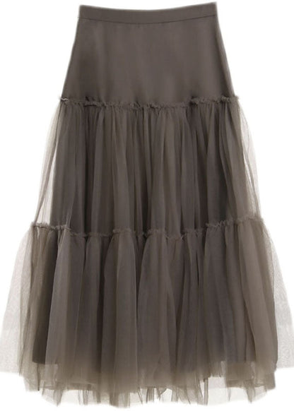 Handmade Grey Green Patchwork Tulle Pleated Skirt Spring