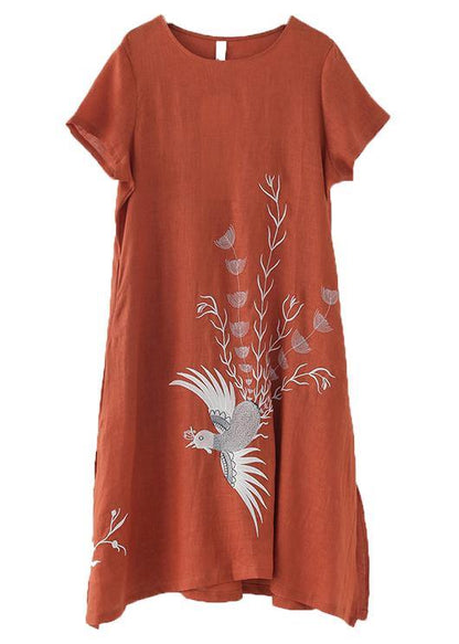 Orange Phoenix Embroideried Linen Side Open Summer Long Dress