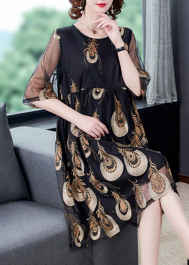 Black Embroidered Tulle Patchwork Wrinkled Chiffon Dress Half Sleeve