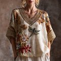 Bohemian Style Three-dimensional Dragonfly Embroidery Linen Texture Vintage V-neck Short-sleeved Shirt elevenforest