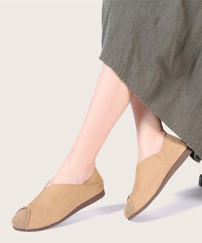 Khaki Cowhide Leather Flats Splicing Flat Feet Shoes