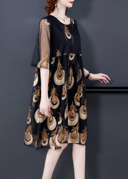 Black Embroidered Tulle Patchwork Wrinkled Chiffon Dress Half Sleeve