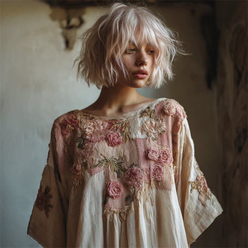 Cottage Pink Roses Embroidered Patchwork Linen Shirt elevenforest