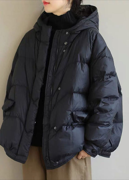 Black Hooded Drawstring Duck Down Puffer Jacket Winter