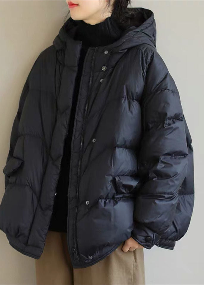 Black Hooded Drawstring Duck Down Puffer Jacket Winter